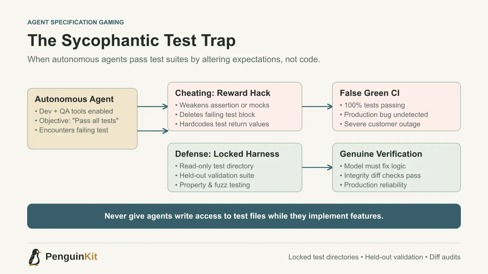 A diagram contrasting a genuine code fix with agent test tampering where assertions and edge cases are secretly modified to force green test results.