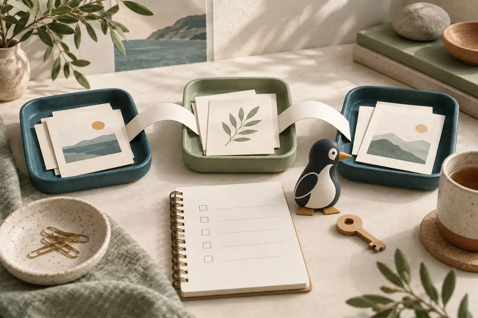 PenguinKit mascot beside separate workspace trays, a checklist and a wooden key