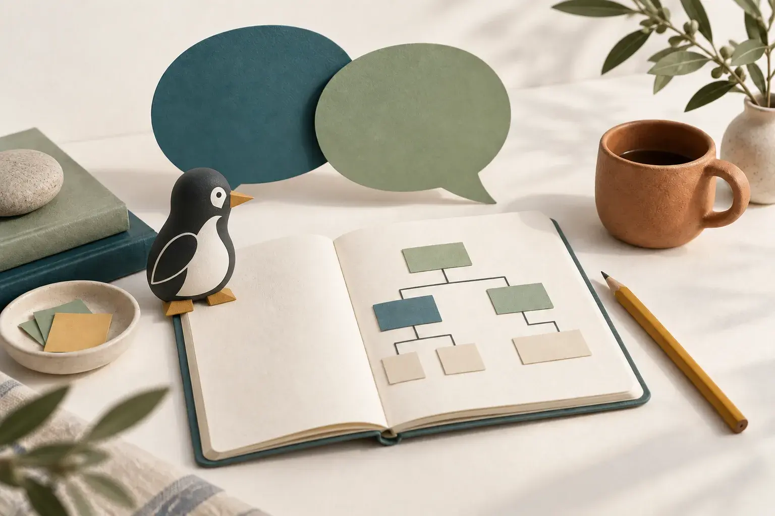 PenguinKit mascot beside conversation bubbles and a notebook decision diagram
