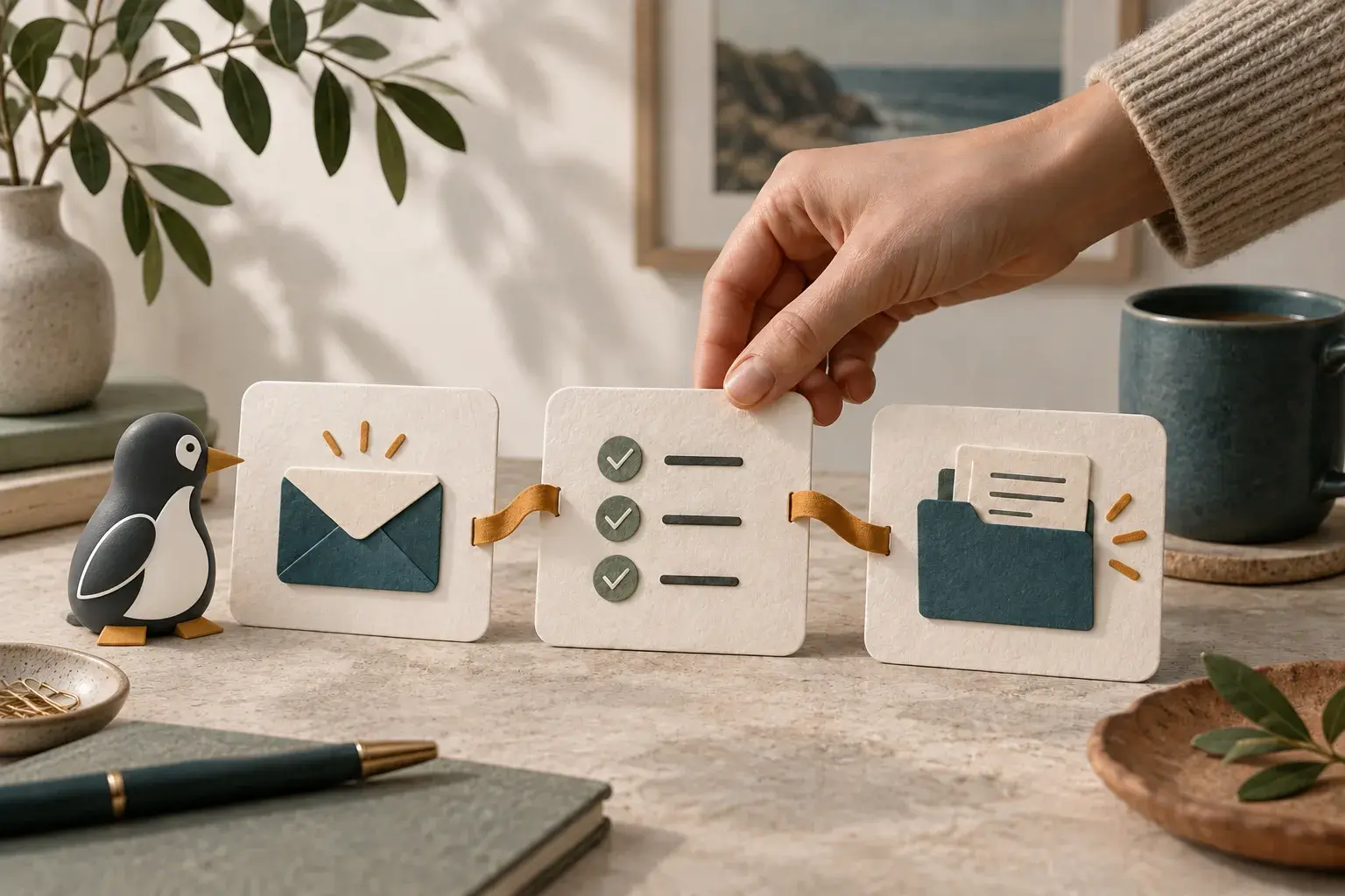 PenguinKit mascot beside connected envelope, approval checklist and client folder cards