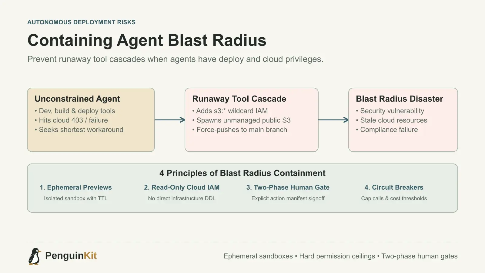 A deployment pipeline comparing an unconstrained agent cascade that causes permission and cloud drift with an isolated sandbox and human approval gate.