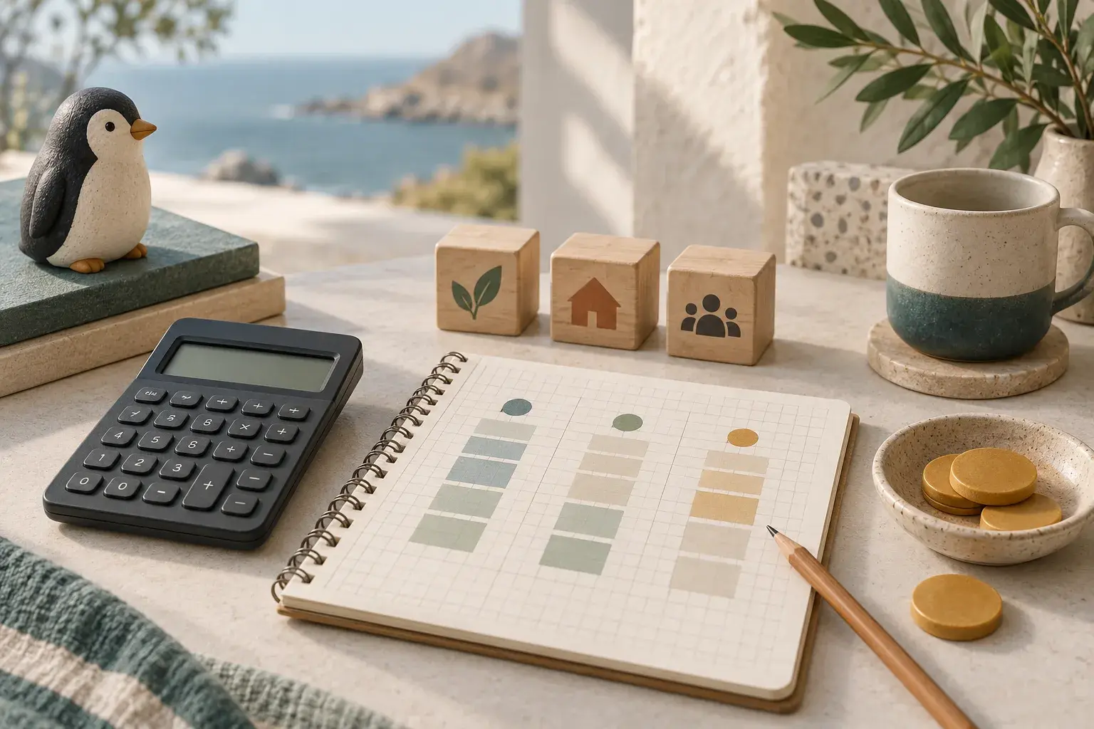 Penguin figurine beside a calculator, cost worksheet and resource blocks