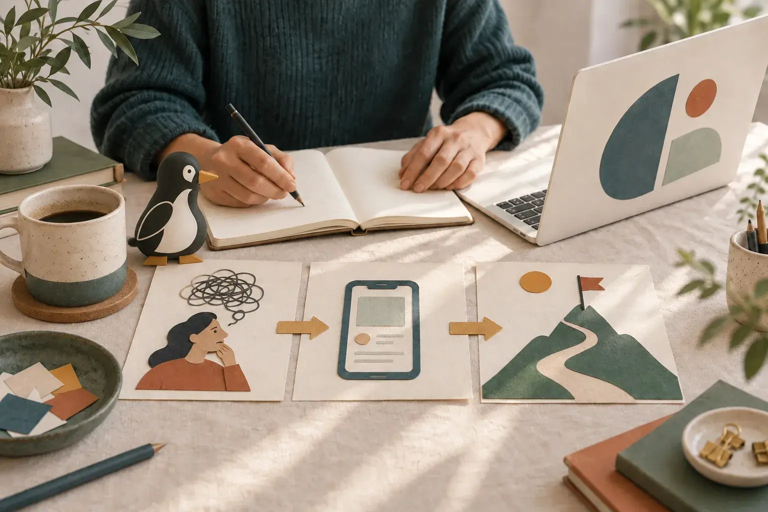PenguinKit mascot beside a founder’s notebook and cards showing an idea, app and milestone