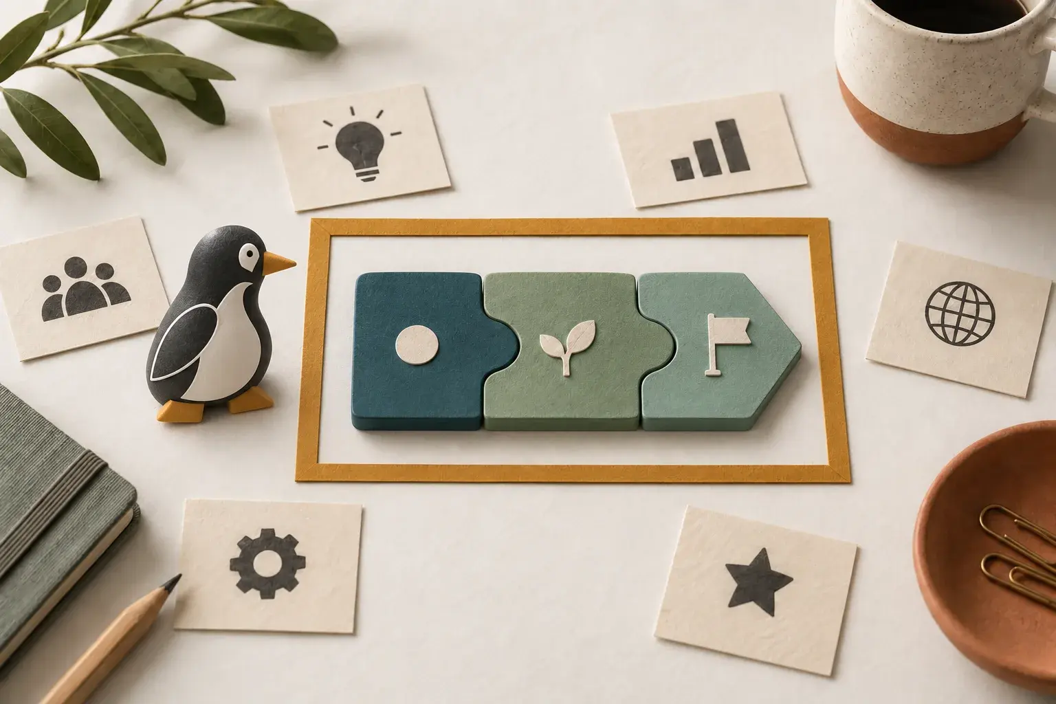 PenguinKit mascot beside connected project blocks inside a scope boundary