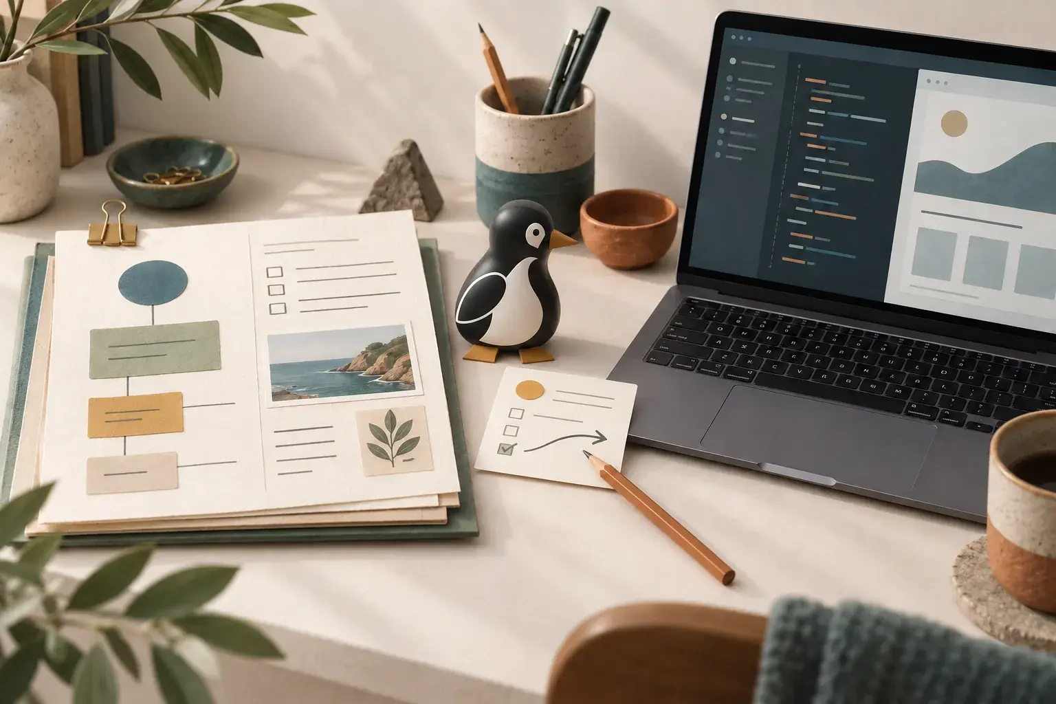 PenguinKit mascot between a paper project plan and an abstract coding workspace