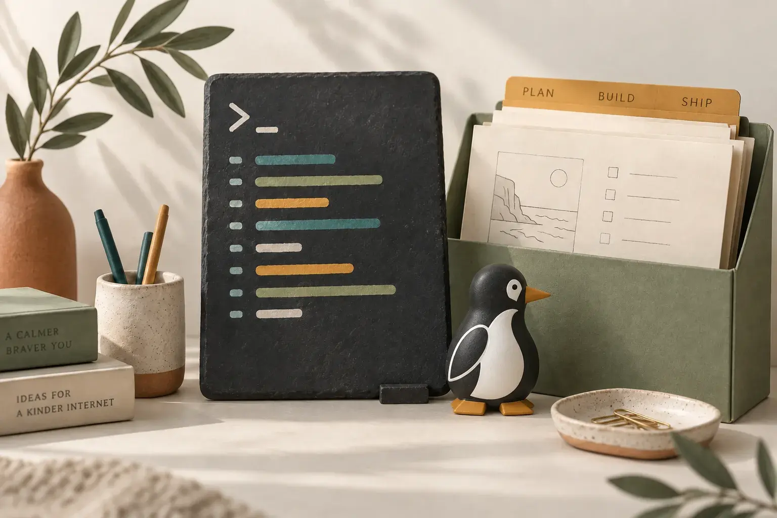 PenguinKit mascot beside an abstract terminal display and project planning folder