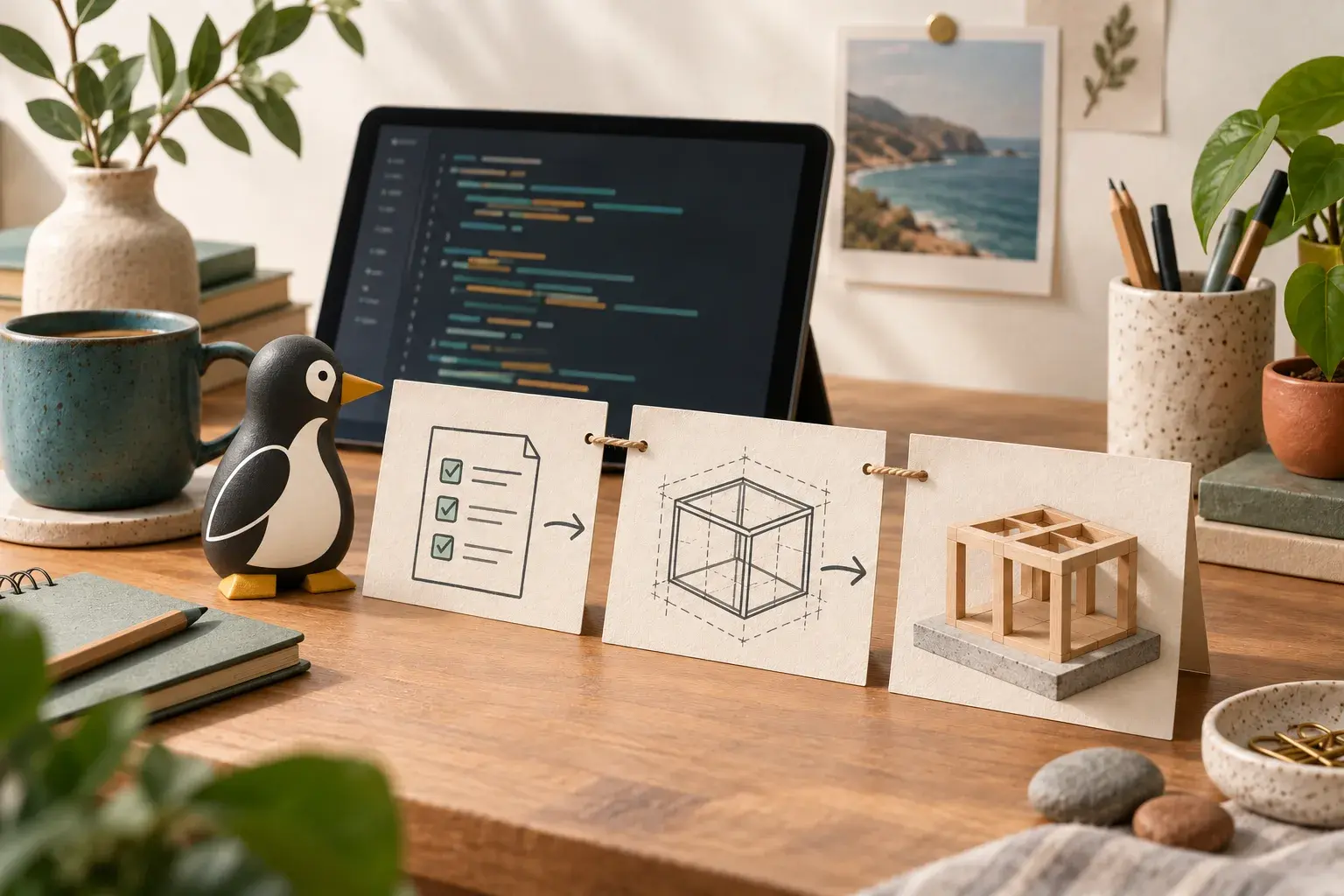 PenguinKit mascot beside milestone cards and an abstract coding display