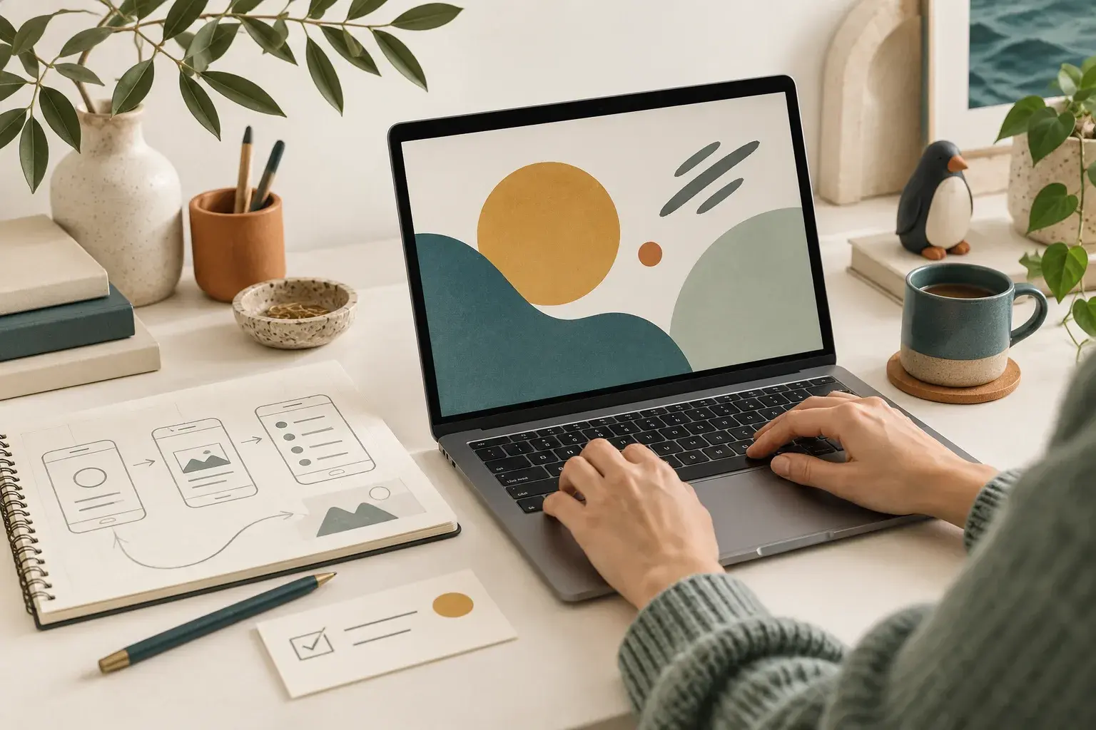 Hands at a laptop beside an app journey sketch and task card