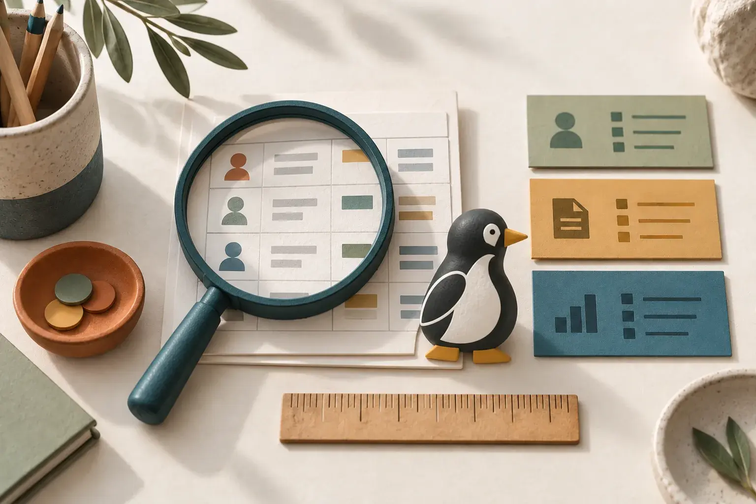 PenguinKit mascot beside a magnifying glass examining sample records and reference cards