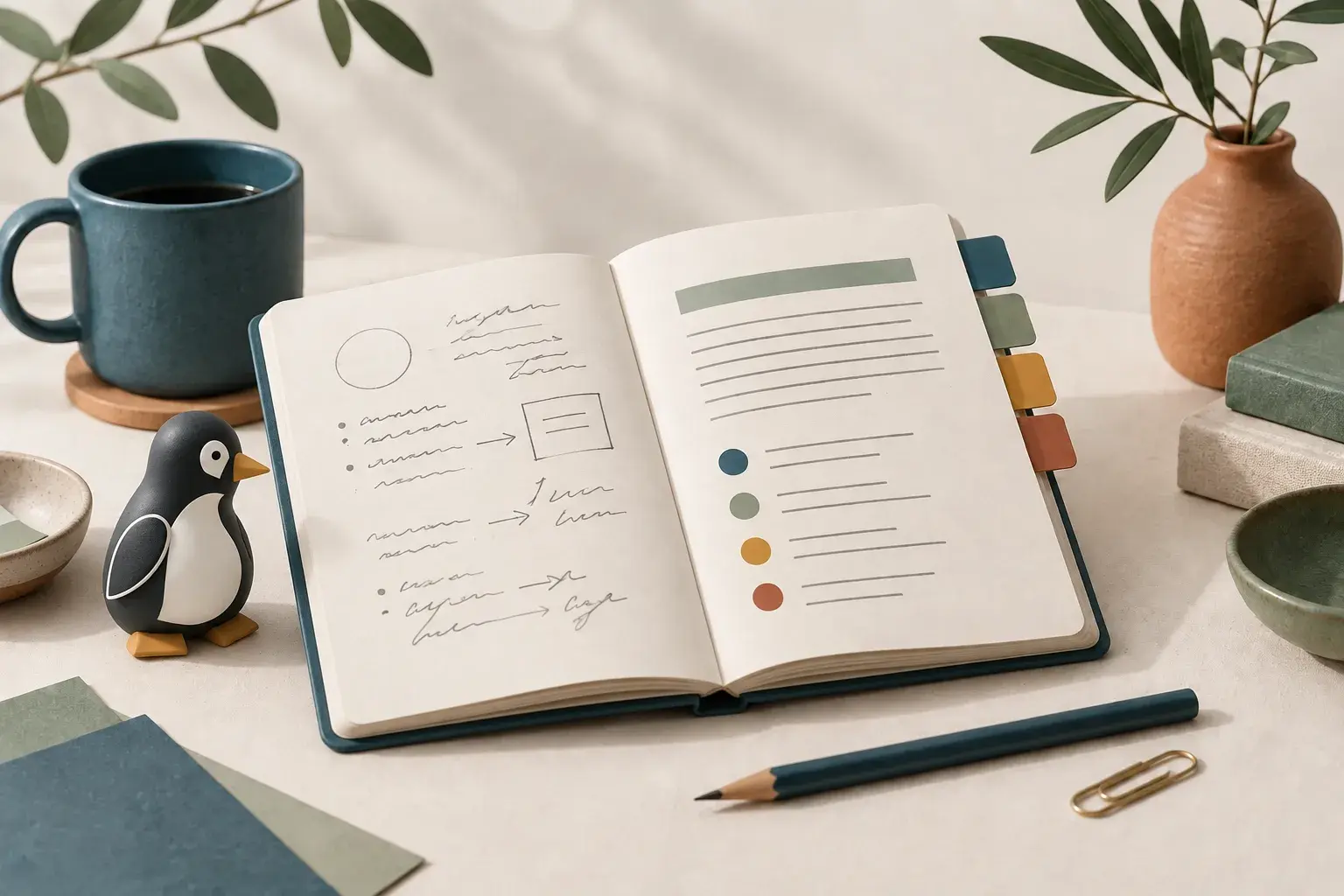 PenguinKit mascot beside an open notebook with rough notes and organised planning sections