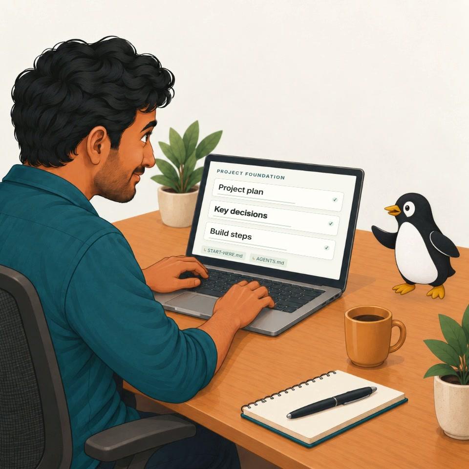 A person reviewing a structured project plan on a laptop beside the PenguinKit penguin