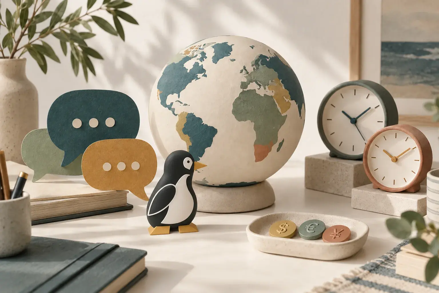 PenguinKit mascot beside a globe, conversation bubbles, clocks and currency tokens