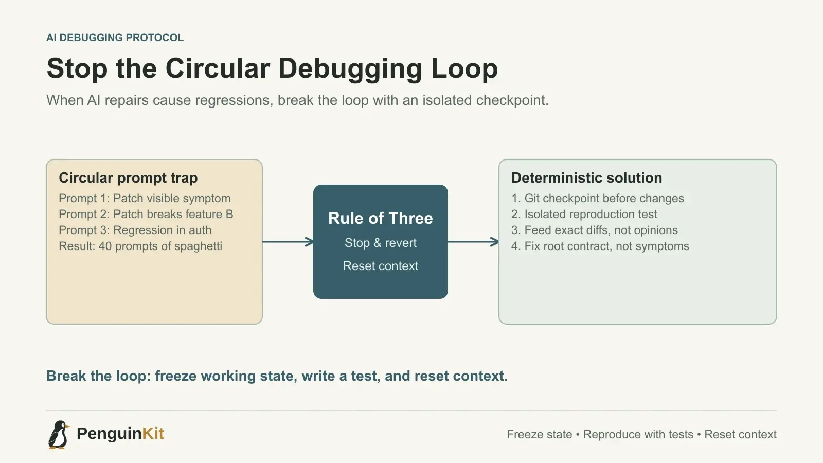 A cyclical debugging loop showing symptom-fixing and regression branching into a freeze checkpoint, isolated reproduction test, and clean contract fix.