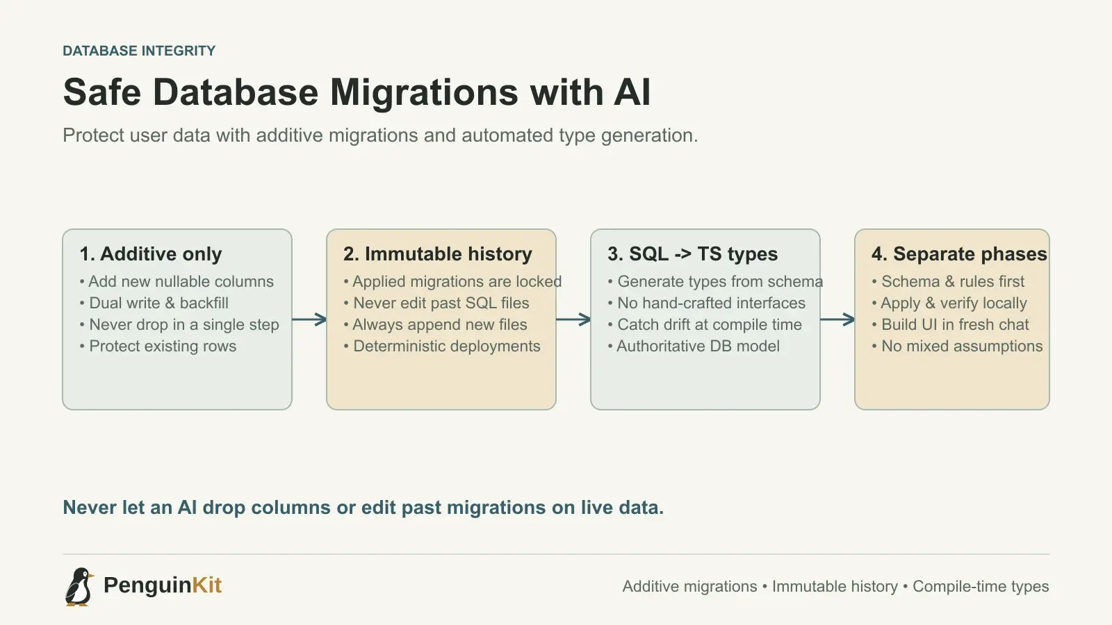 A database migration safety pipeline separating unverified AI prompt changes from declarative migrations, dry-run schema validation, and production checkpoints.