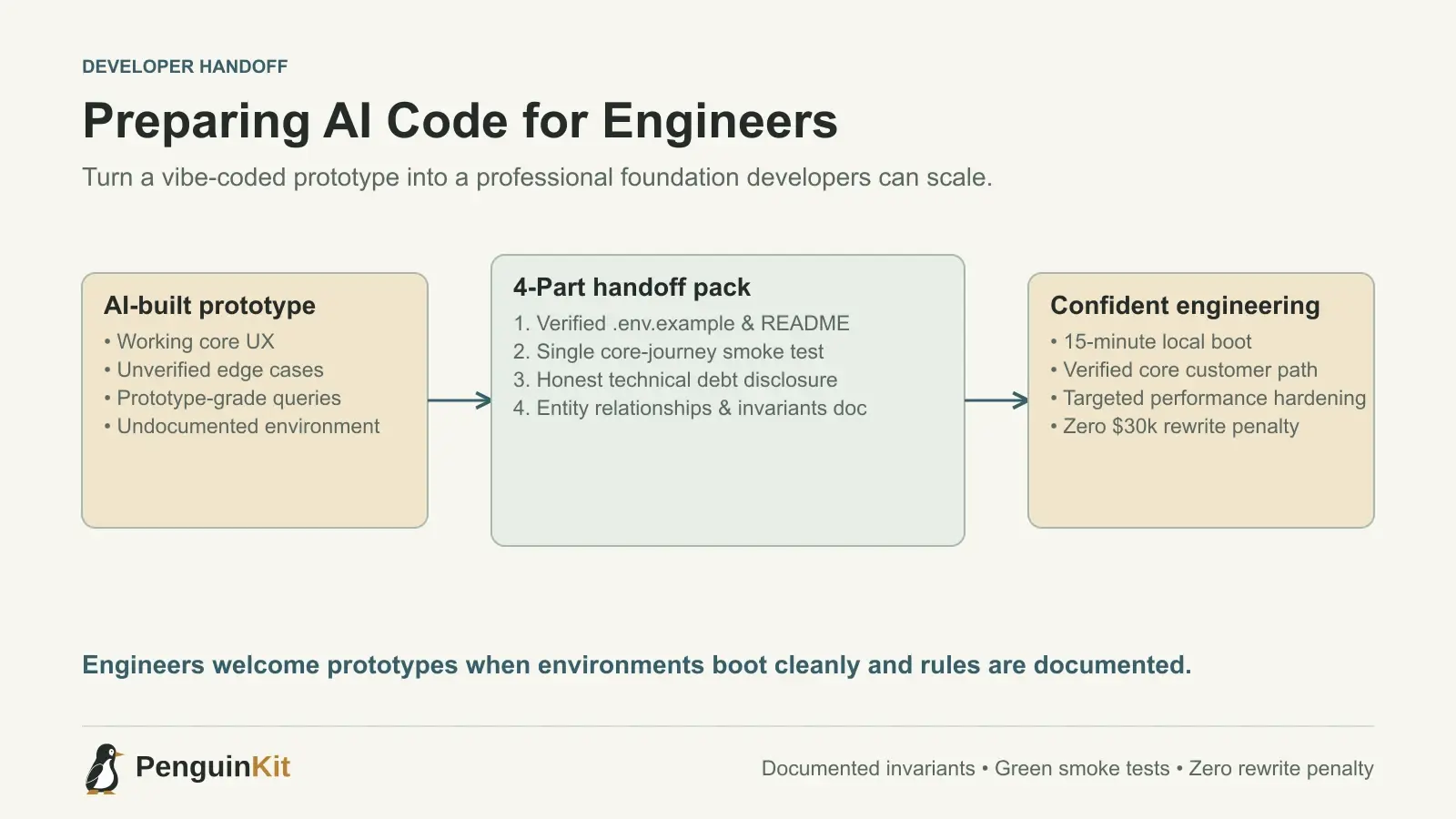 A developer handoff workflow showing an AI-built prototype filtered through smoke tests, architecture documentation, and environment setup before handoff.