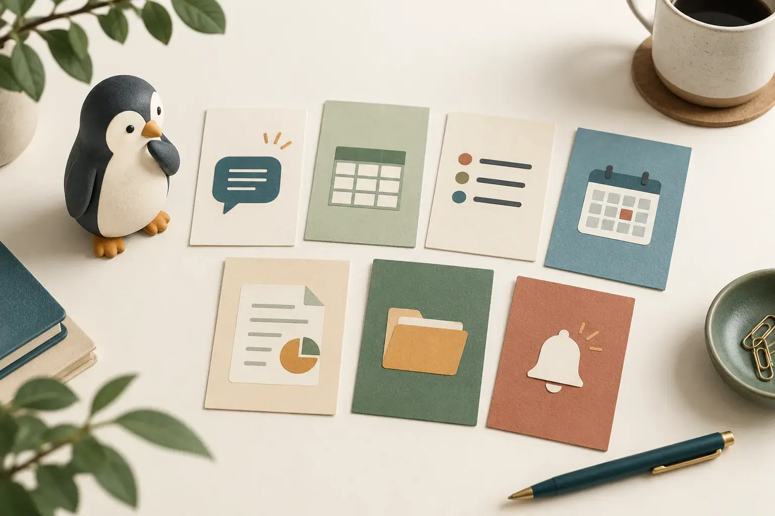 Project idea cards arranged beside a small penguin figurine